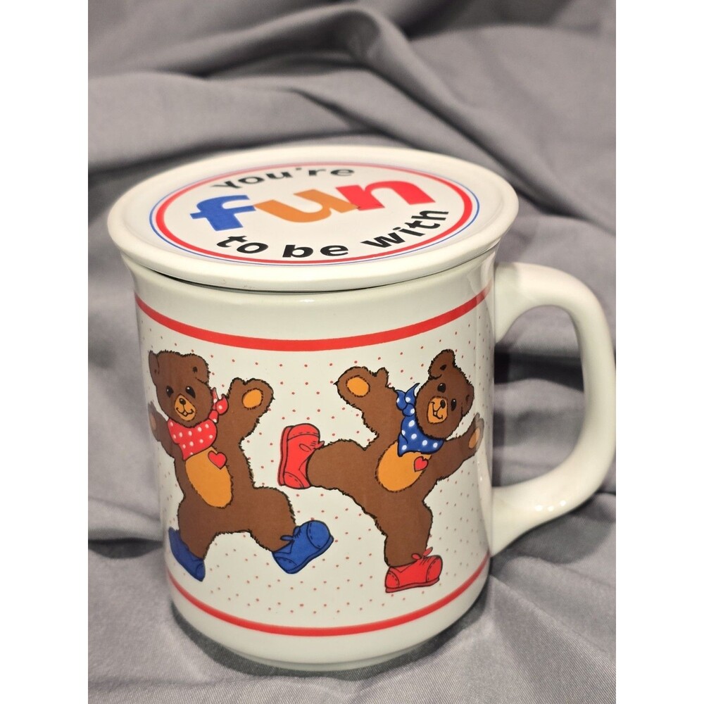 VTG Giftco Happy Thoughts Coaster Mug set Teddy Bear You're Fun To Be With Lid